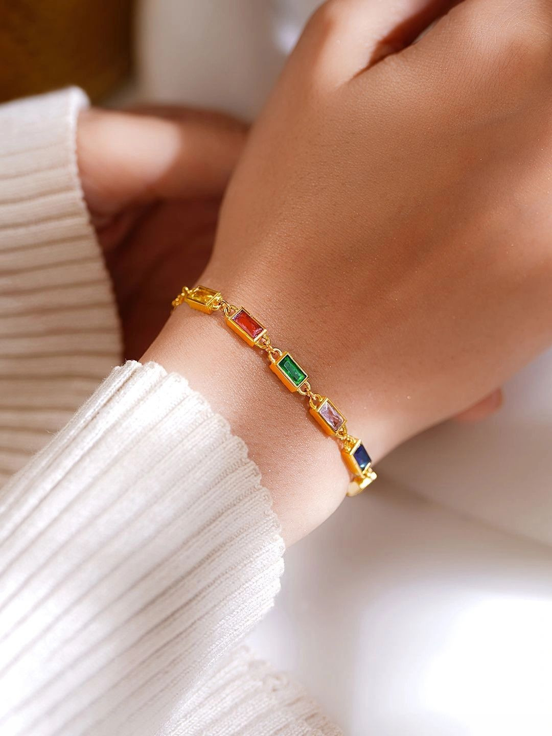 Rubans Demifine 18k Gold Plated Stainless Steel Multicolor Crystal Bracelet