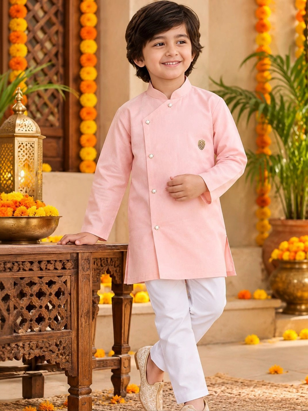 Polka Tots Boys Solid Cotton Kurta with Pyjama