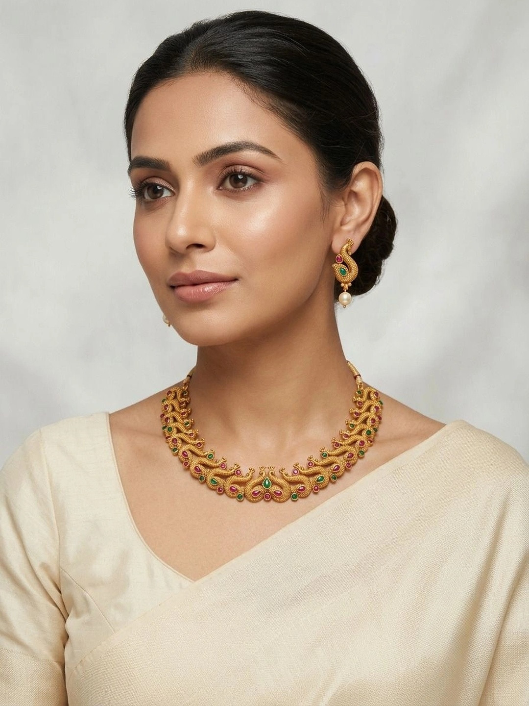 Adwitiya Collection 24CT Gold-Plated White & Green Stone-Studded Pearl Beaded Jewellery Set