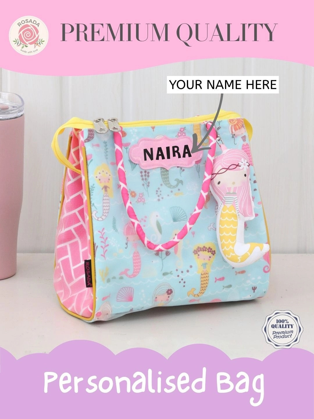ROSADA Kids Printed Tiffin Tote Bag with Name Personalisation, Keychain
