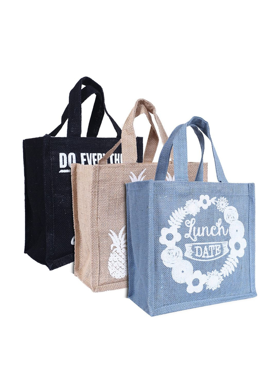 Kuber Industries Grey 3 Pieces Printed Jute Tiffin Carry Hand Bags