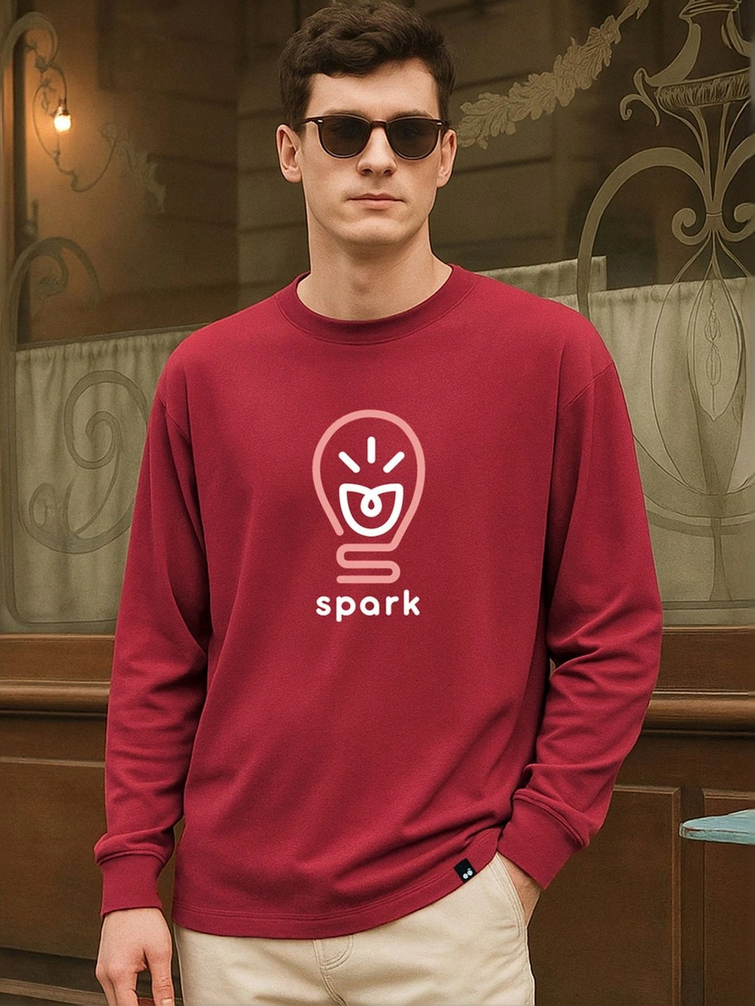 Bewakoof Men's Bold Red Spark Graphic Printed Oversized T-shirt