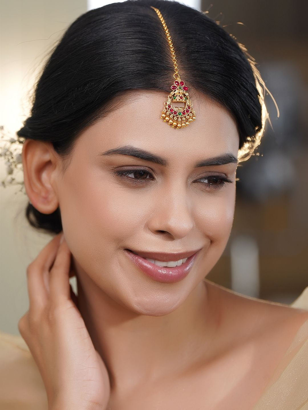Rubans Women 18K Gold Plated Beaded Maang Tikka