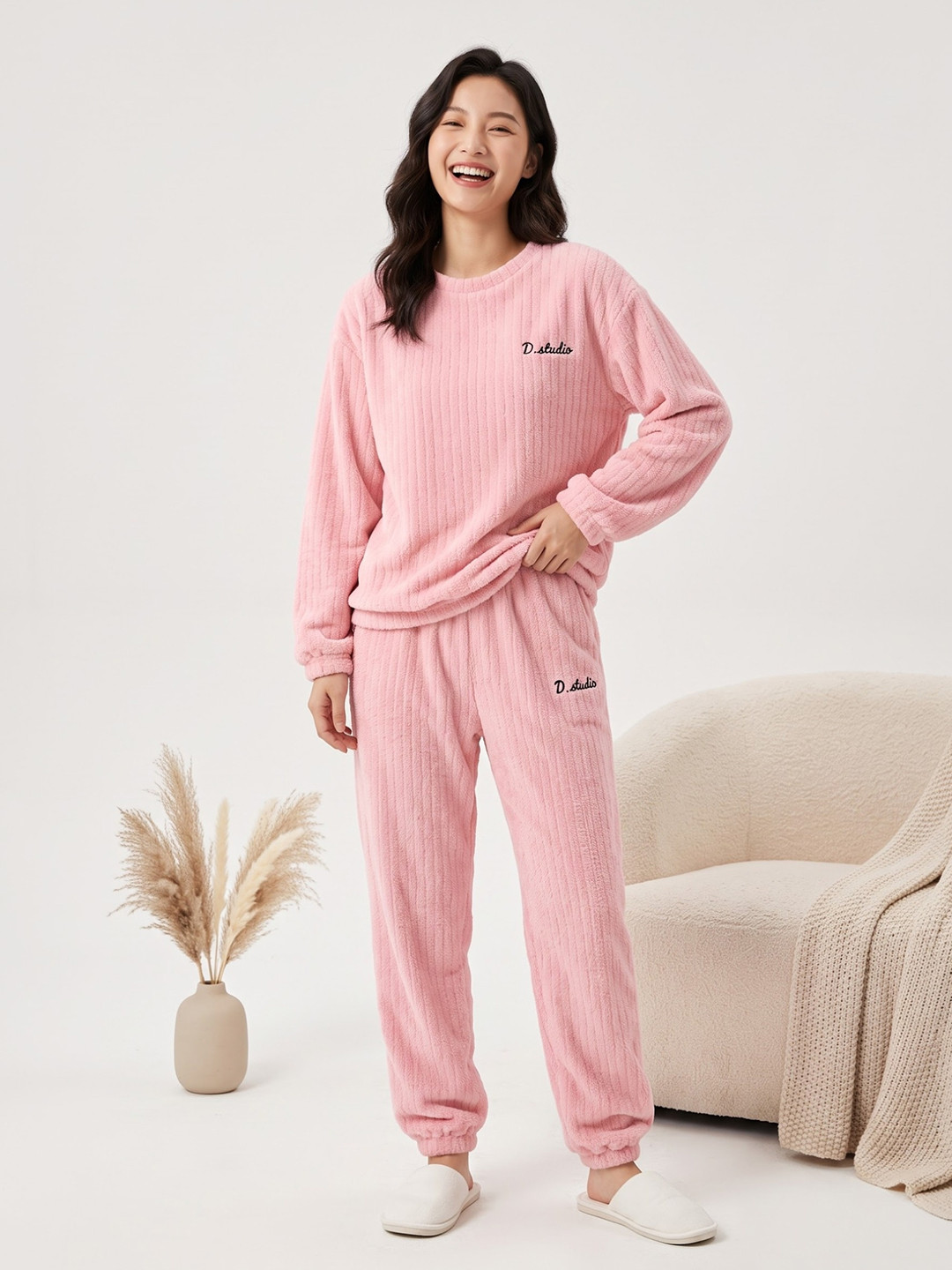 Stem Rope Striped Round Neck Long Sleeves Top With Pyjamas