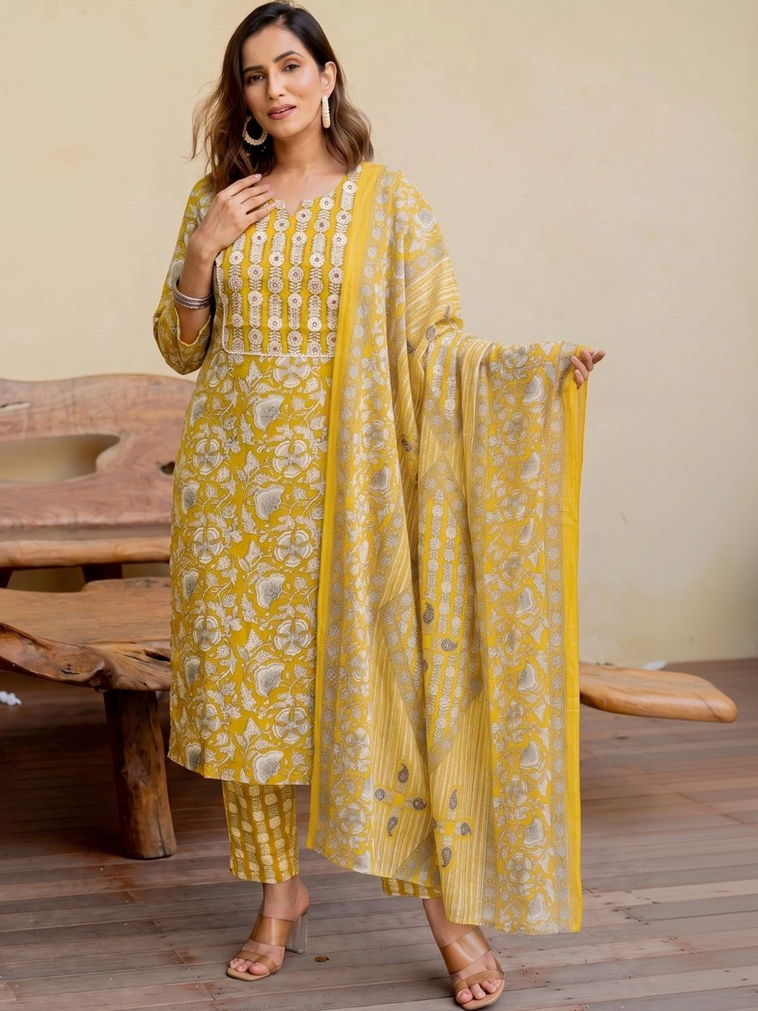 KALINI Women Ethnic Motifs Printed Regular Pure Cotton Kurta with Trousers & With Dupatta