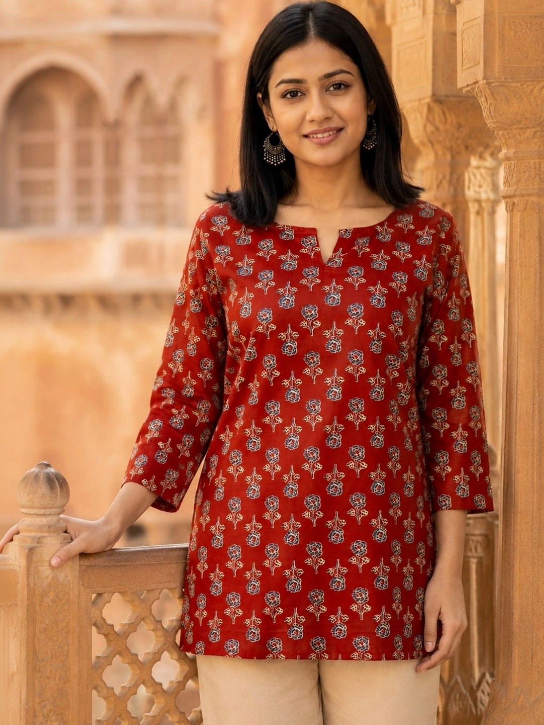 FERANOID Ethnic Motifs Printed V-Neck Pure Cotton Kurti