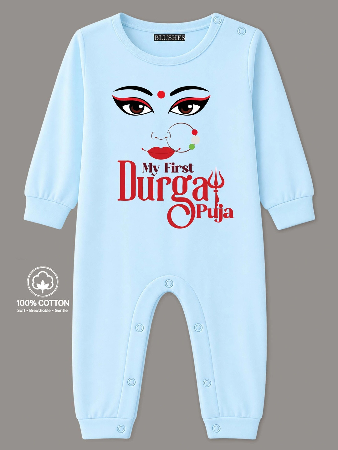 BLUSHES Infants My First Durga Puja Text Printed Pure Cotton Romper