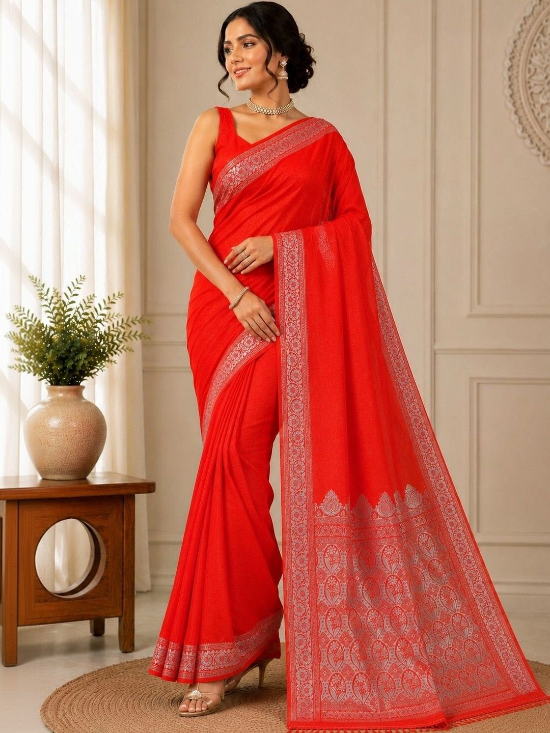 Prisan Women Orange Woven Banarasi Soft Silk Saree with Unstitched Blouse