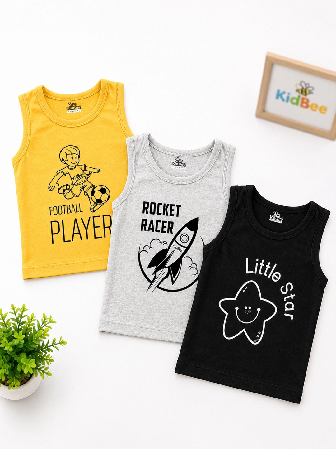 KidBee Unisex Pack of 3 Typography Printed Round Neck Pure Cotton Vests