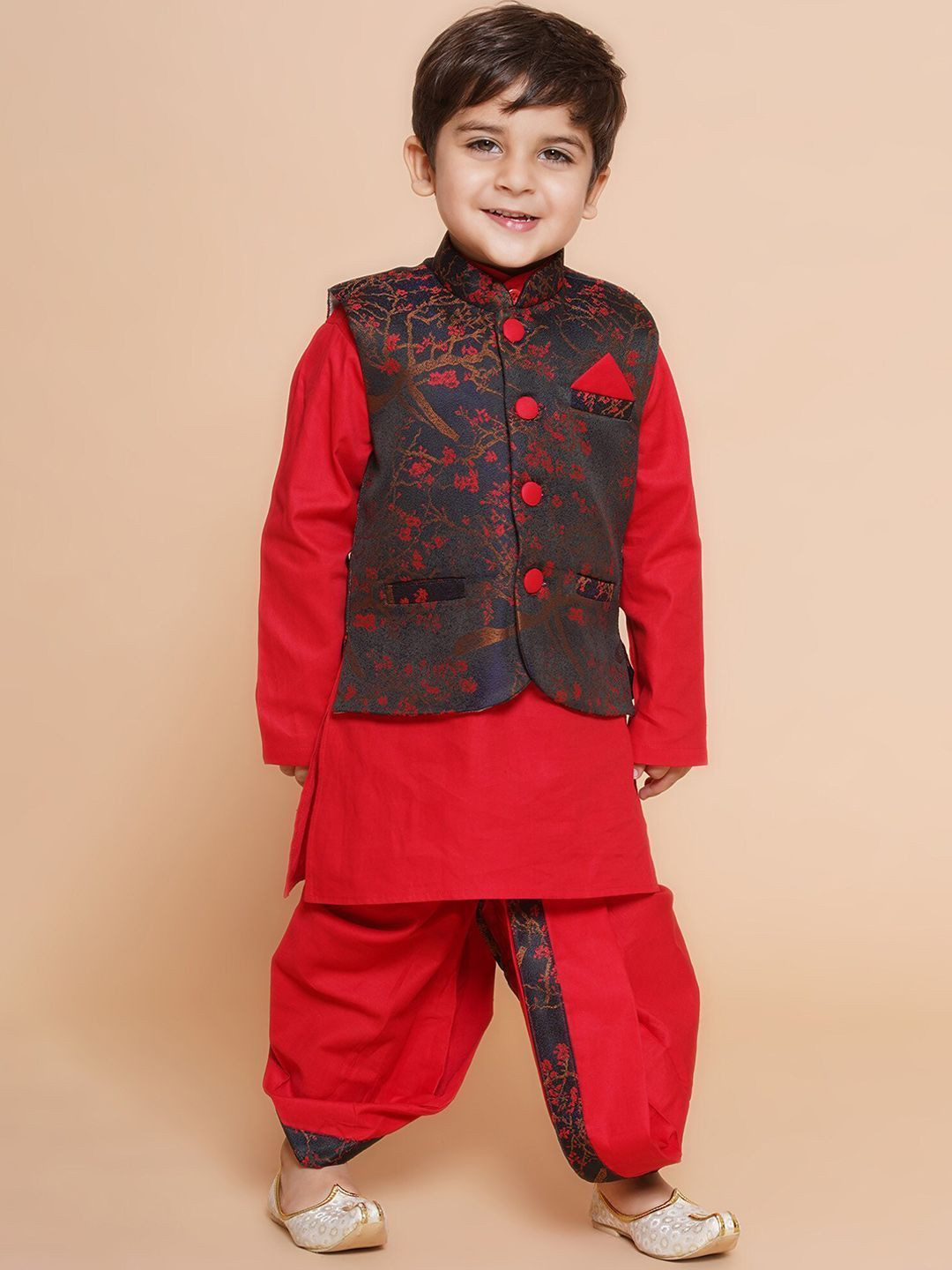 Aj DEZInES Boys Mandarin Collar Pure Cotton Straight Kurta & Dhoti Pants With Nehru Jacket Set