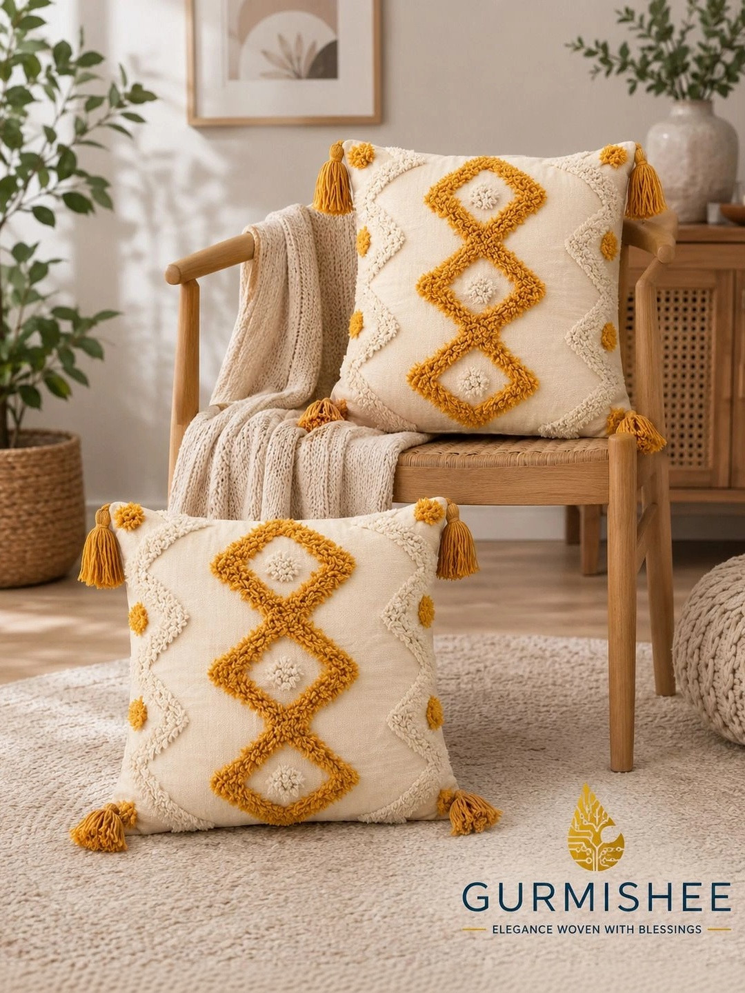 GURMISHEE Yellow Set of 2 Geometric Square Cushion Covers