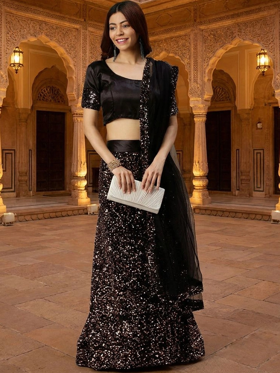 Sangria Embellished Sequinned Semi-Stitched Lehenga & Unstitched Blouse With Dupatta