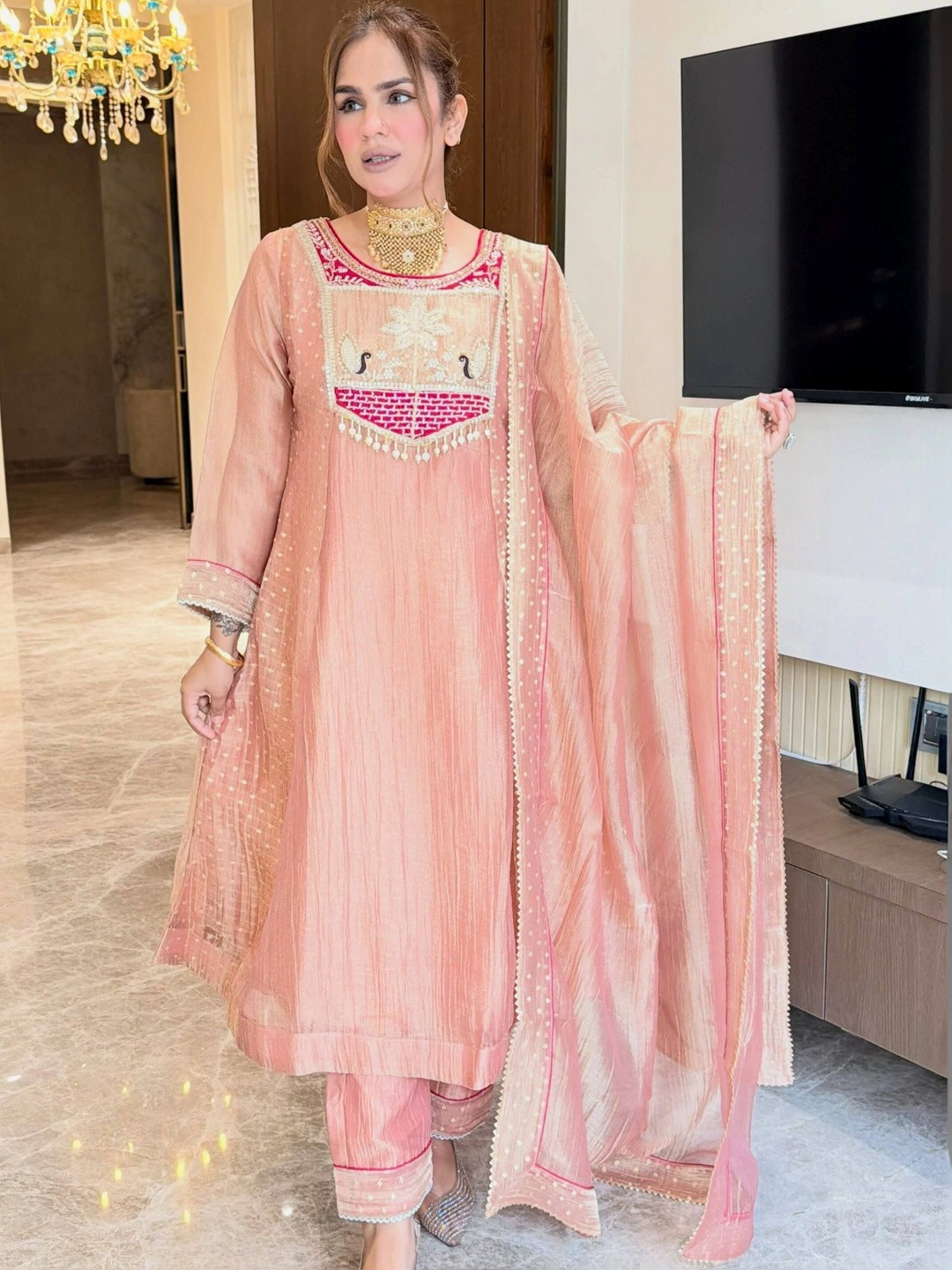 Apolyte Women Floral Embroidered Regular Pure Silk Kurta with Trousers & Dupatta