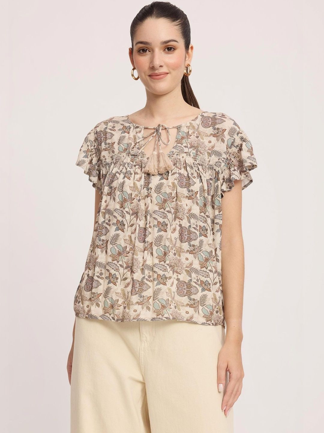 Virgio Printed Viscose Rayon Tie-Up Neck Short Sleeves Tops for Women
