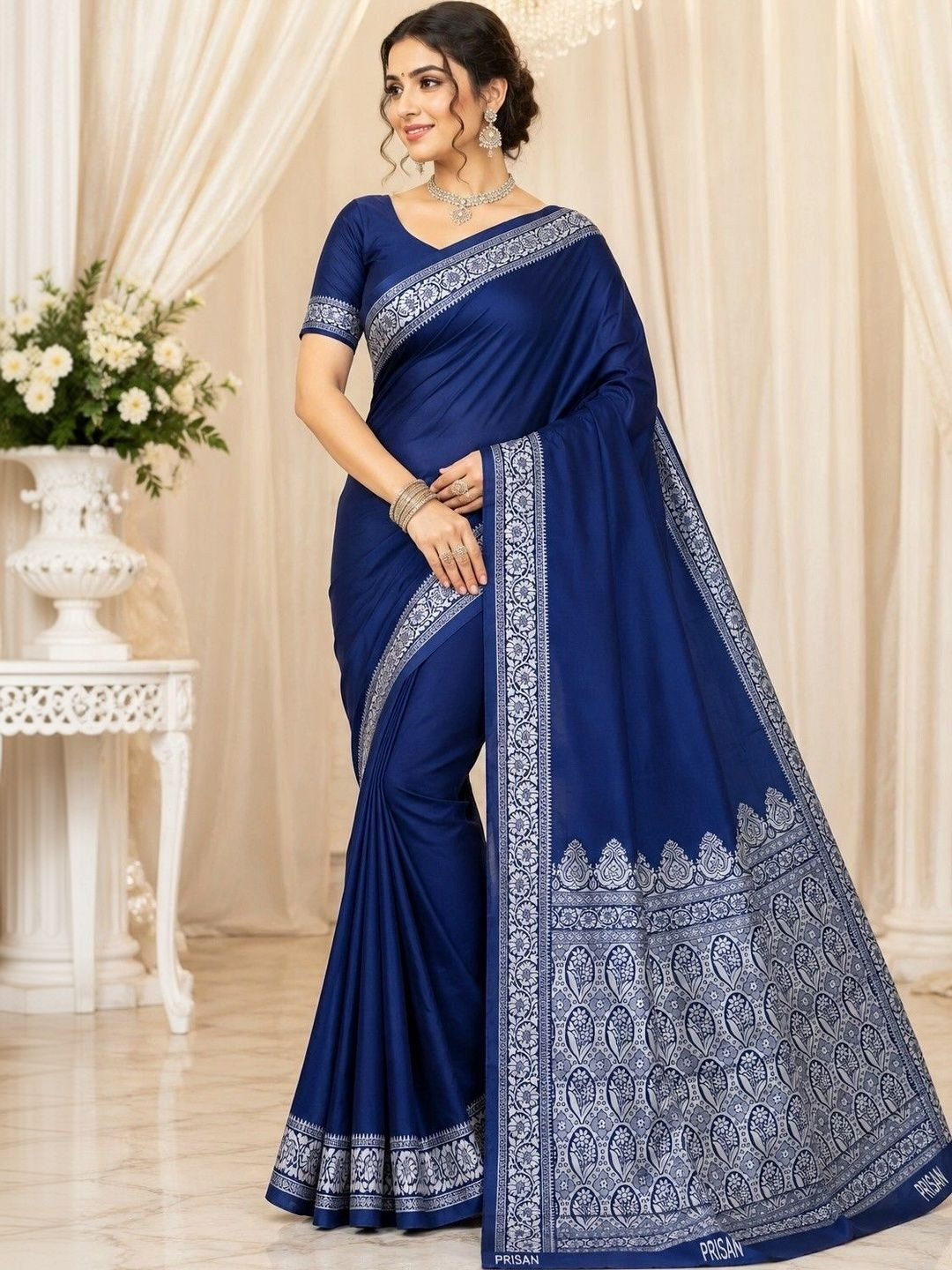Prisan Women Navy Blue Woven Banarasi Soft Silk Saree with Unstitched Blouse