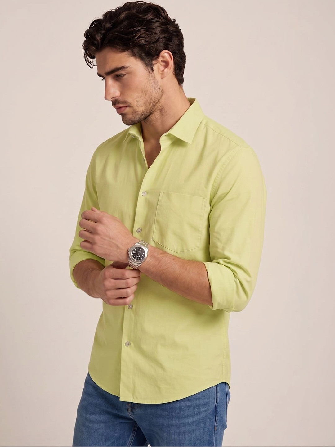 Roadster Men Signature Brushed Twill Cotton Shirt - Lemon Sorbet
