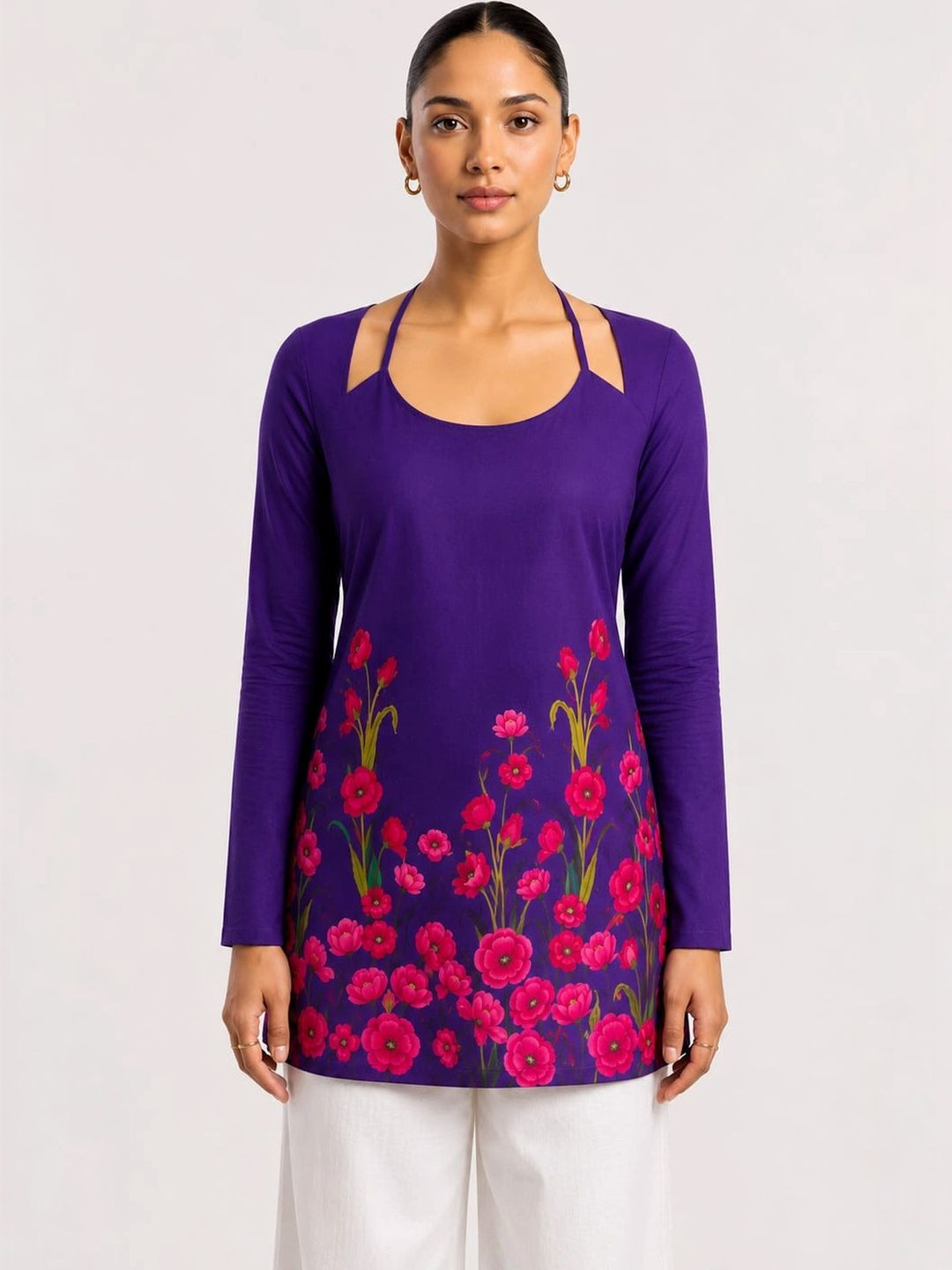 Threadflix Floral Print Halter Neck Cotton Blend Top