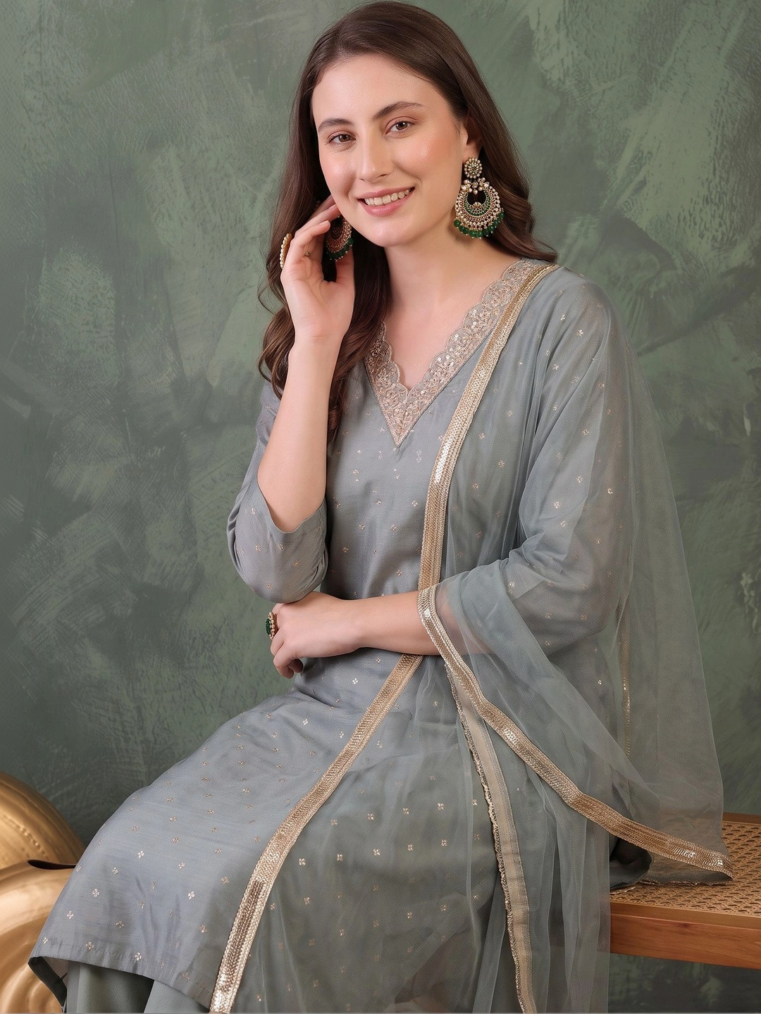 FABIAN FASHION Floral Embroidered V-Neck Zari Chanderi Silk Kurta With Trousers & Dupatta