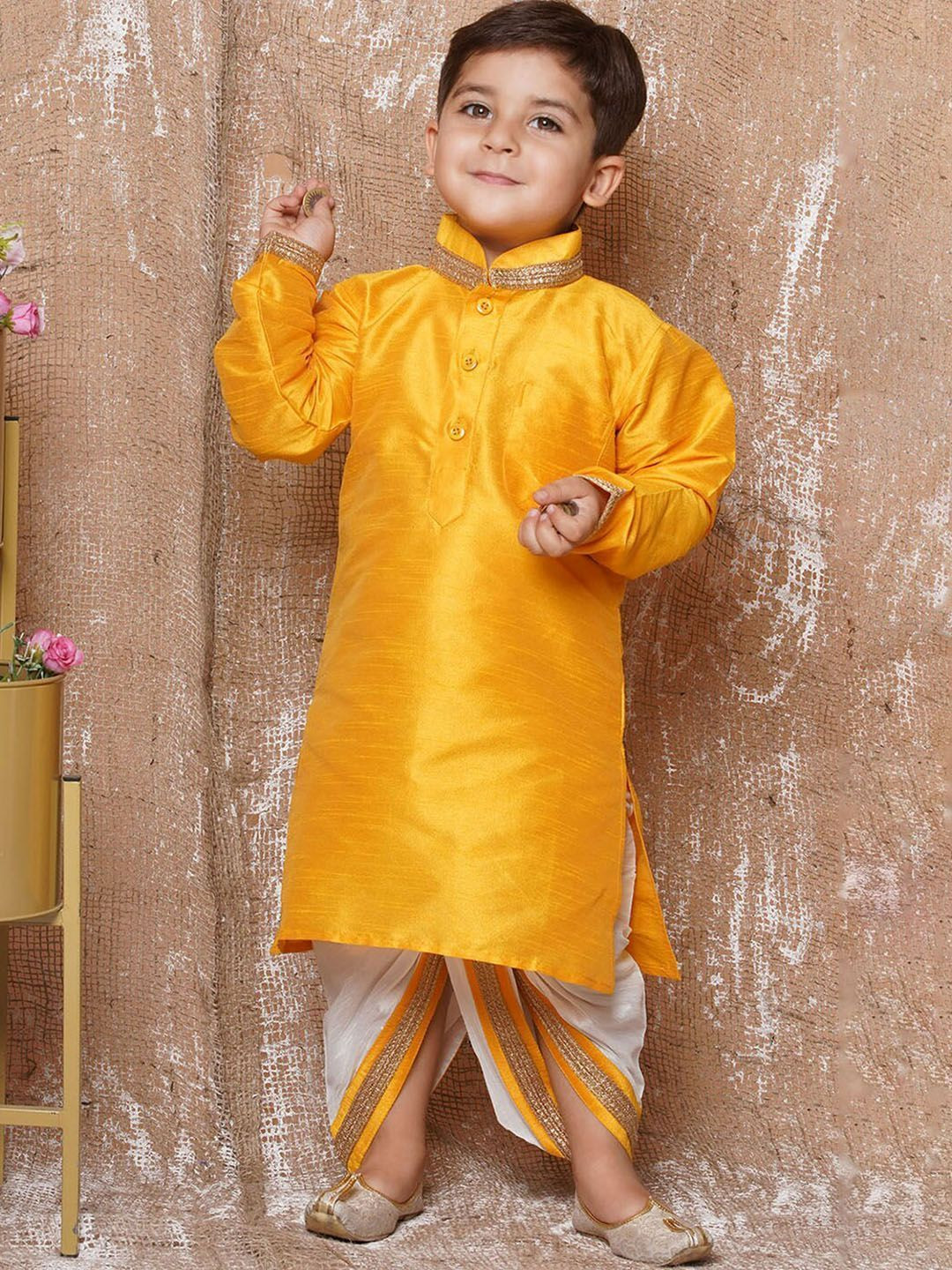Aj DEZInES Boys Solid Yellow Mandarin Collar Straight Kurta With Dhoti Pants Silk Set