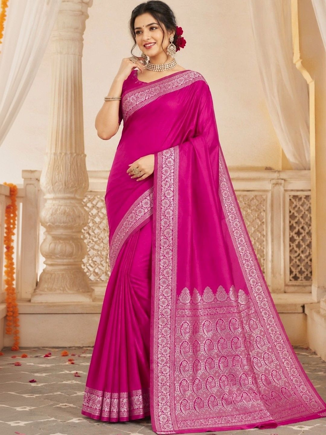 Prisan Women Rani Kumkum Woven Banarasi Soft Silk Saree with Unstitched Blouse