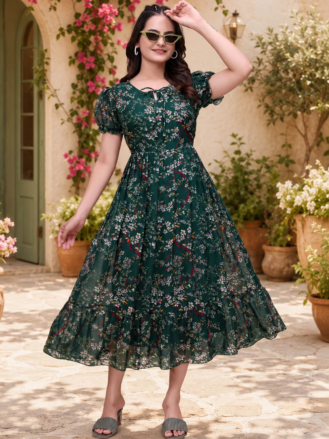 QENA Floral Print Puff Sleeve Georgette A-Line Midi Dress