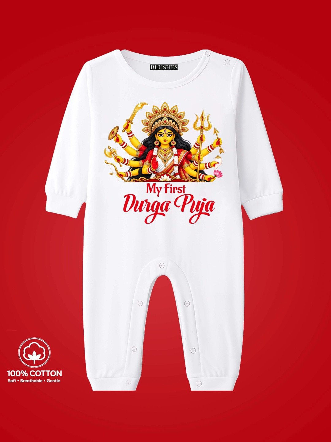 BLUSHES Infants My First Durga Puja Text Printed Pure Cotton Romper