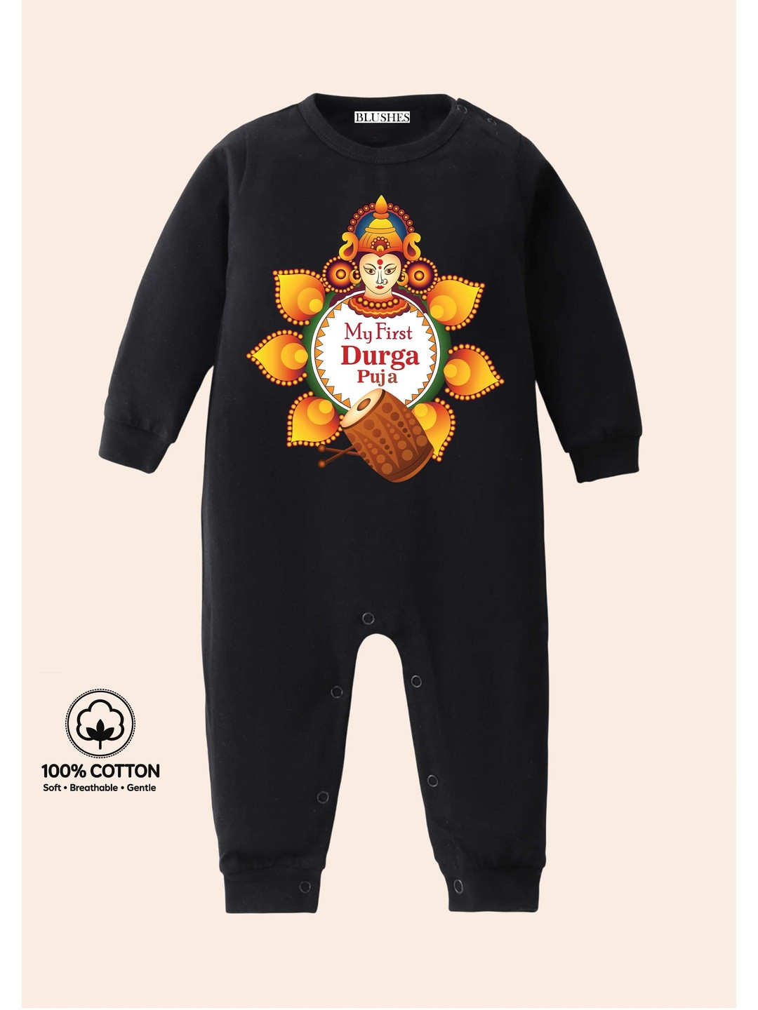 BLUSHES Infants My First Durga Puja Text Printed Pure Cotton Romper