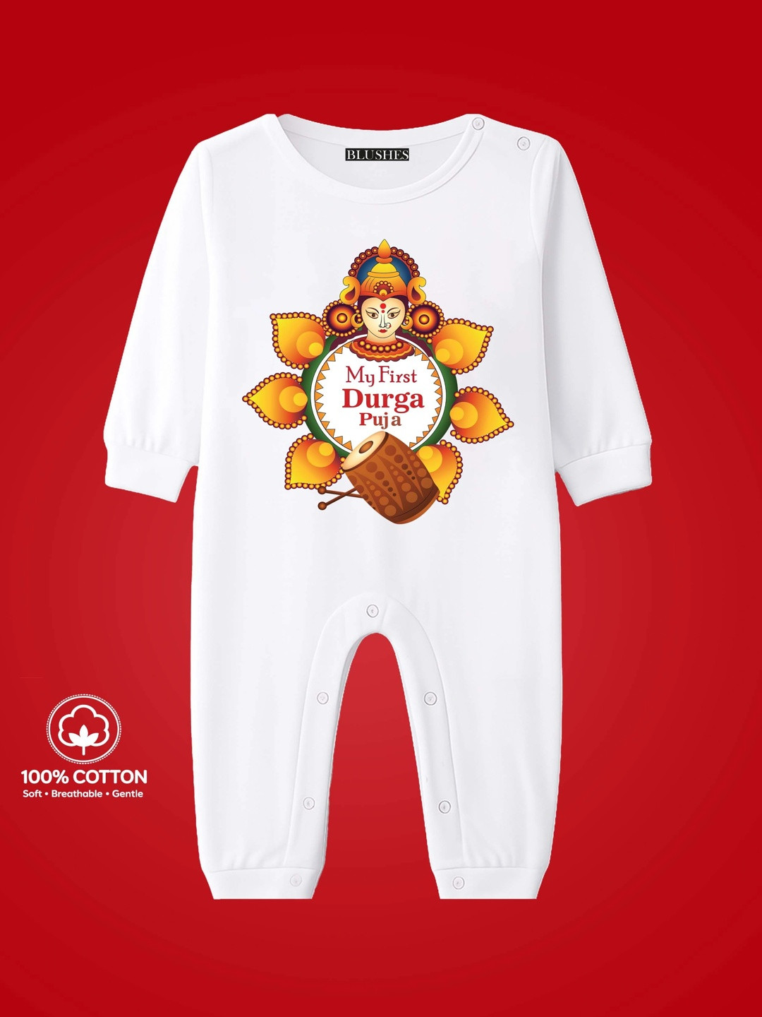 BLUSHES Infants My First Durga Puja Text Printed Pure Cotton Romper