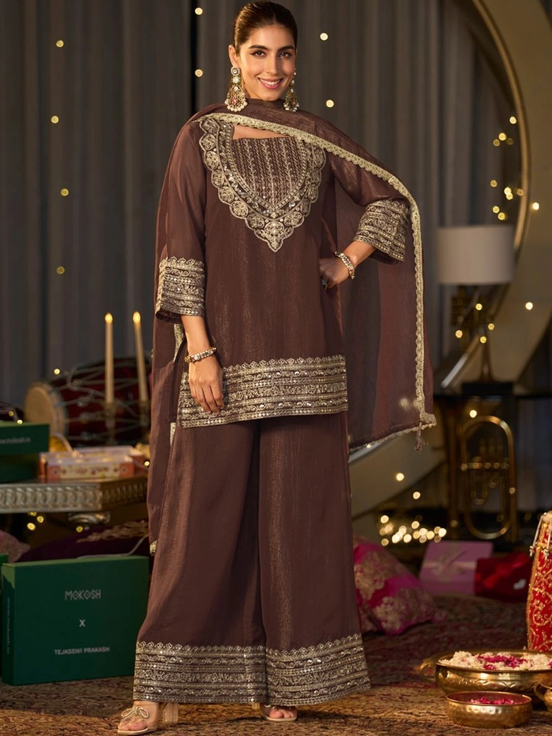 MOKOSH Women Coffee Embroidered Kurti And Palazzo Set With Dupatta