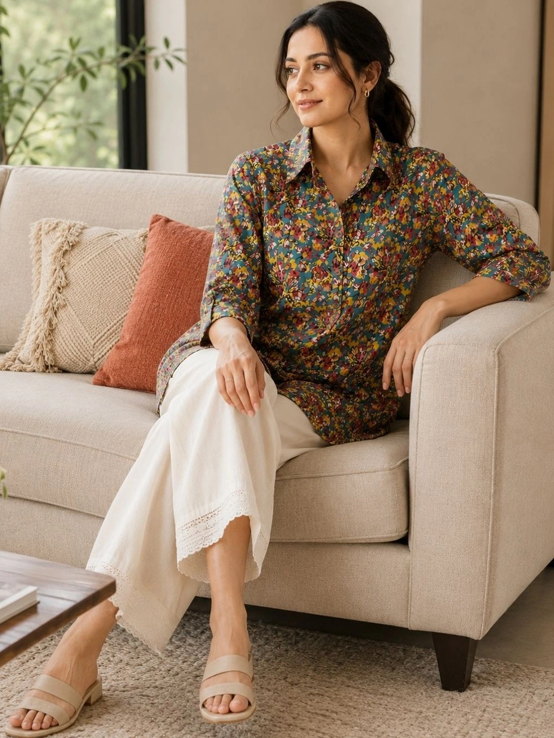FERANOID Women Floral Printed Shirt Collar Pure Cotton Kurti