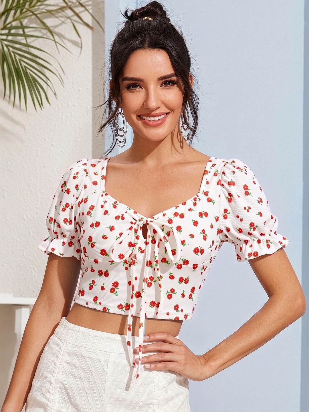 AAHWAN Floral Print Puff Sleeve Ruffles Crop Top