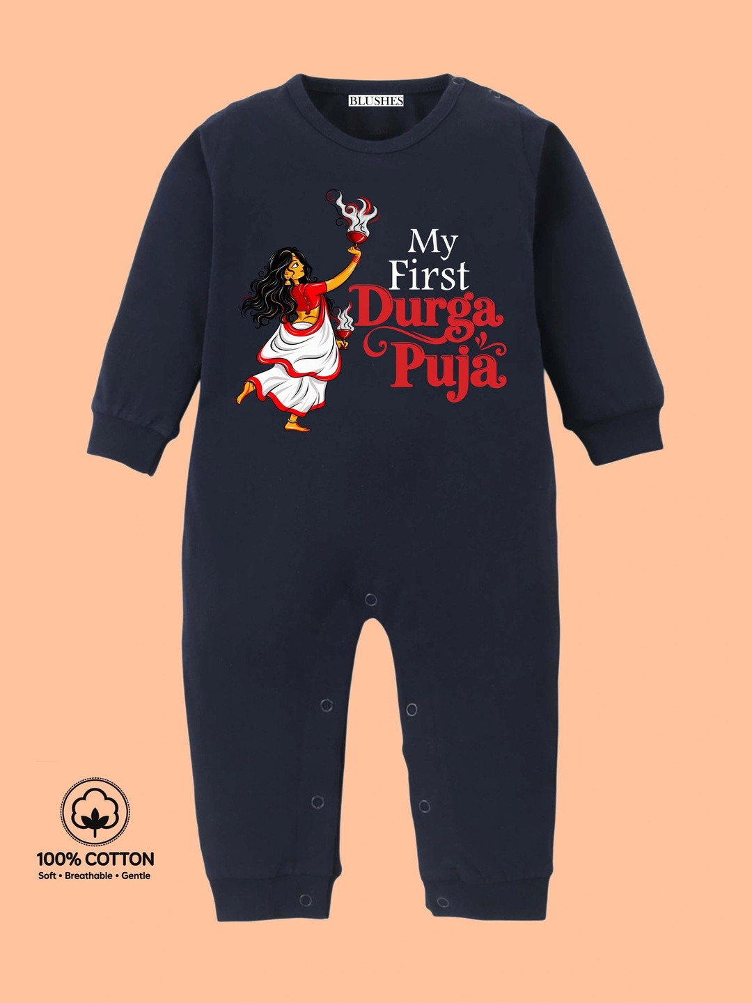 BLUSHES Infants My First Durga Puja Text Printed Pure Cotton Romper