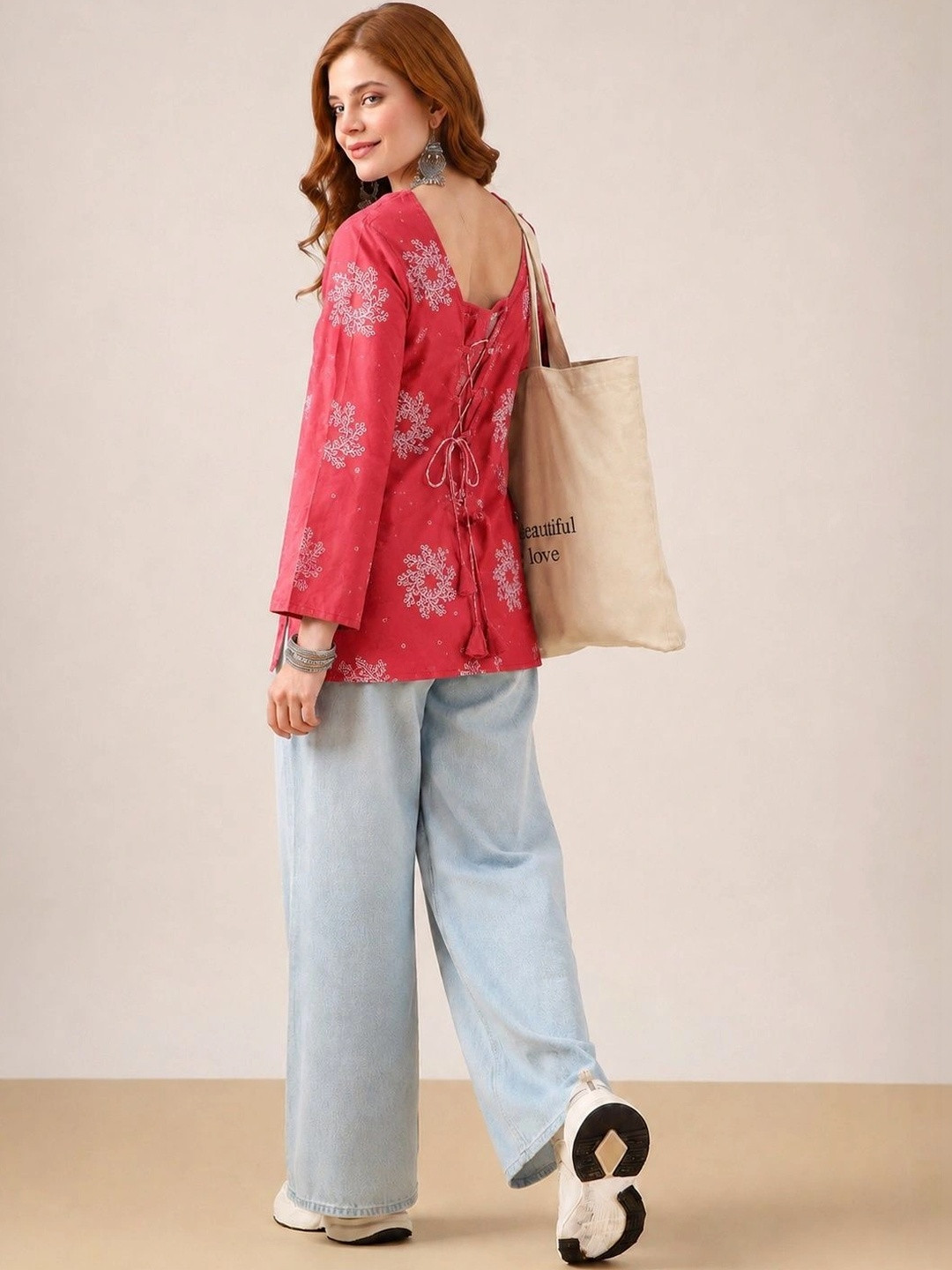 PHYSIL Ethnic Motifs Printed Square Neck Pure Cotton Kurti