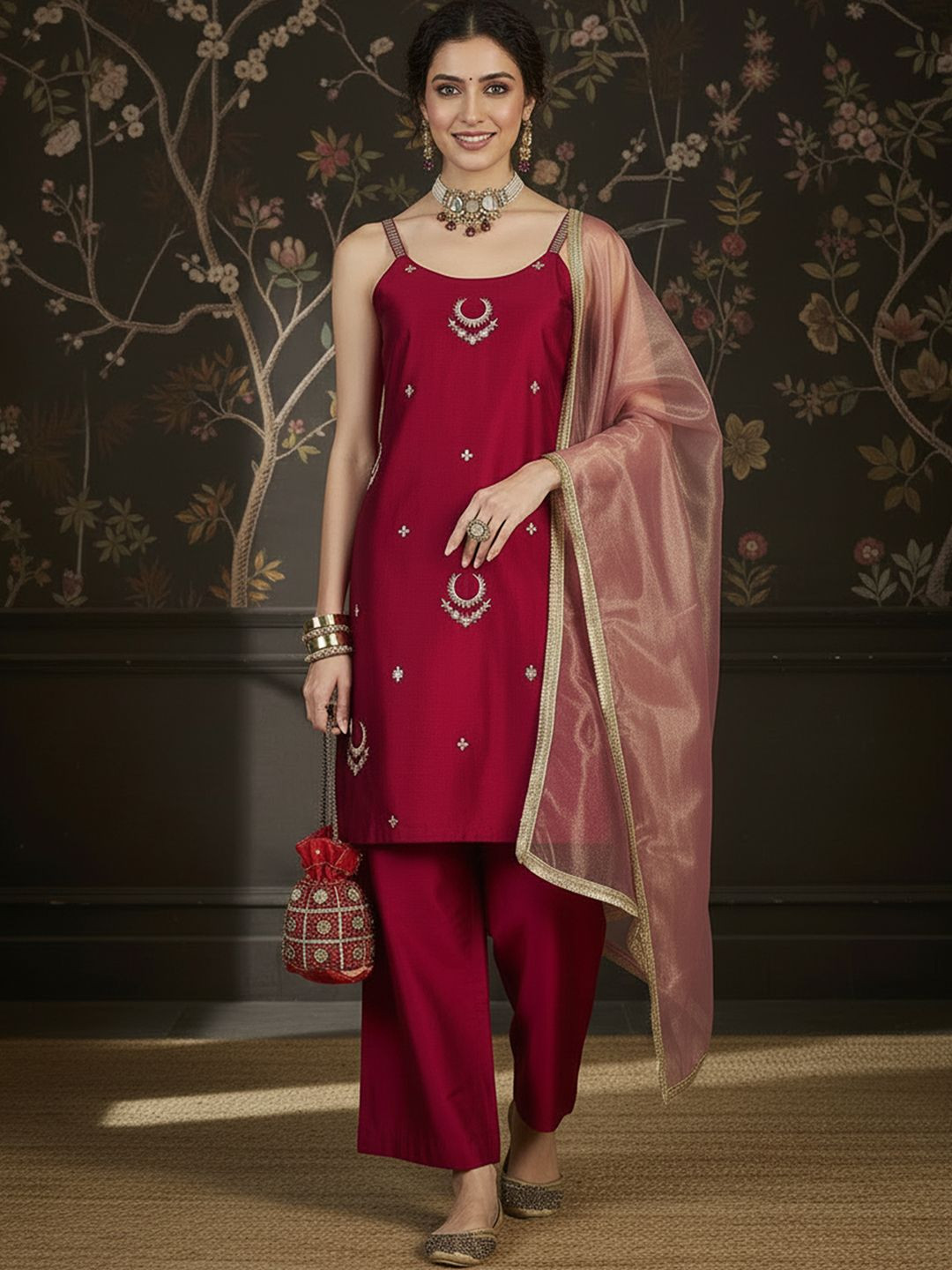 NAVYAAZRI Women Ethnic Motifs Embroidered Regular Thread Work Kurta with Palazzos & With Dupatta