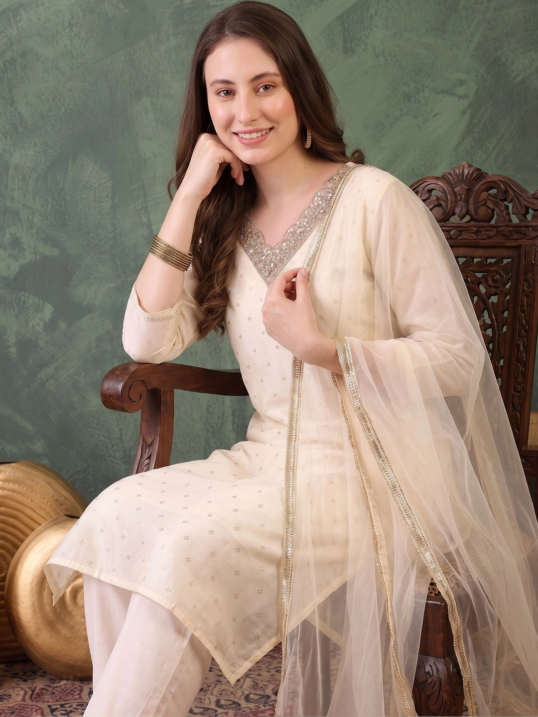 FABIAN FASHION Ethnic Motifs Embroidered Chanderi Silk Sequinned Kurta & Trouser & Dupatta