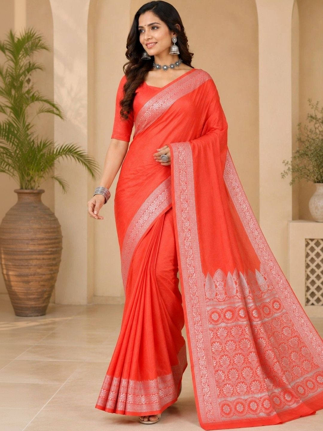 Prisan Women Orange Woven Banarasi Soft Silk Saree with Unstitched Blouse