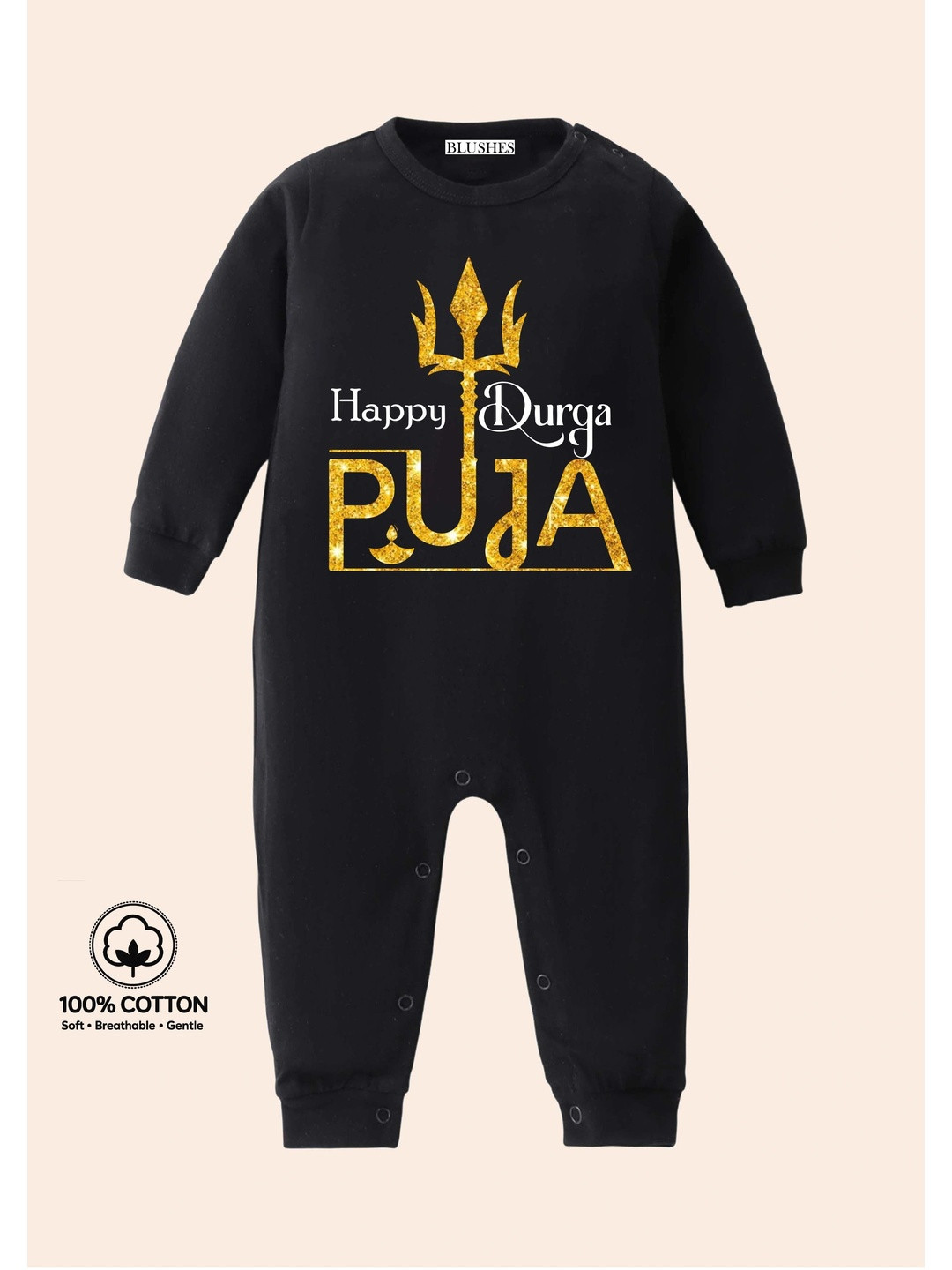 BLUSHES Infants Happy Durga Puja Text Printed Pure Cotton Romper