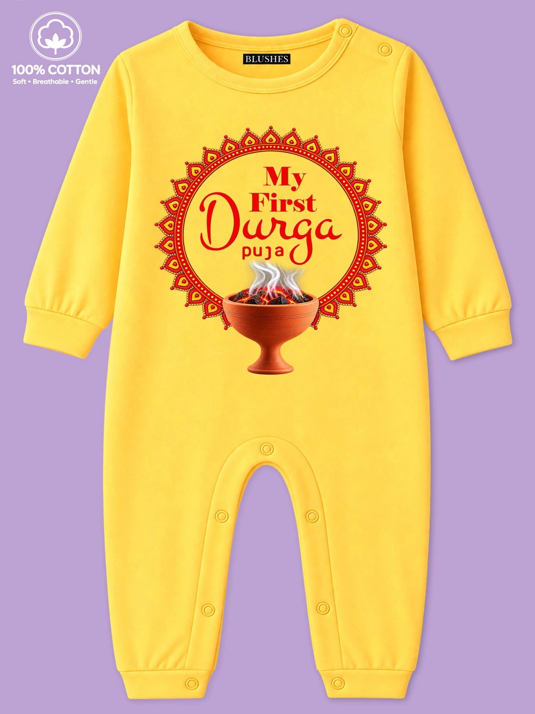 BLUSHES Infants My First Durga Puja Text Printed Pure Cotton Romper