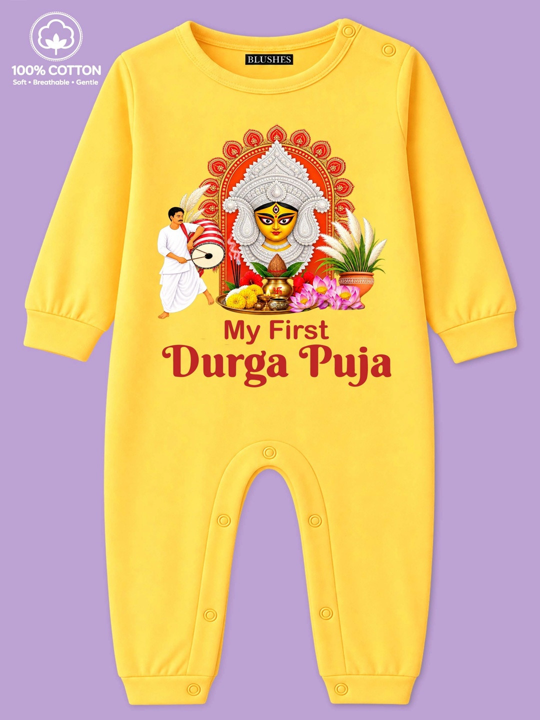 BLUSHES Infants My First Durga Puja Text Printed Pure Cotton Romper