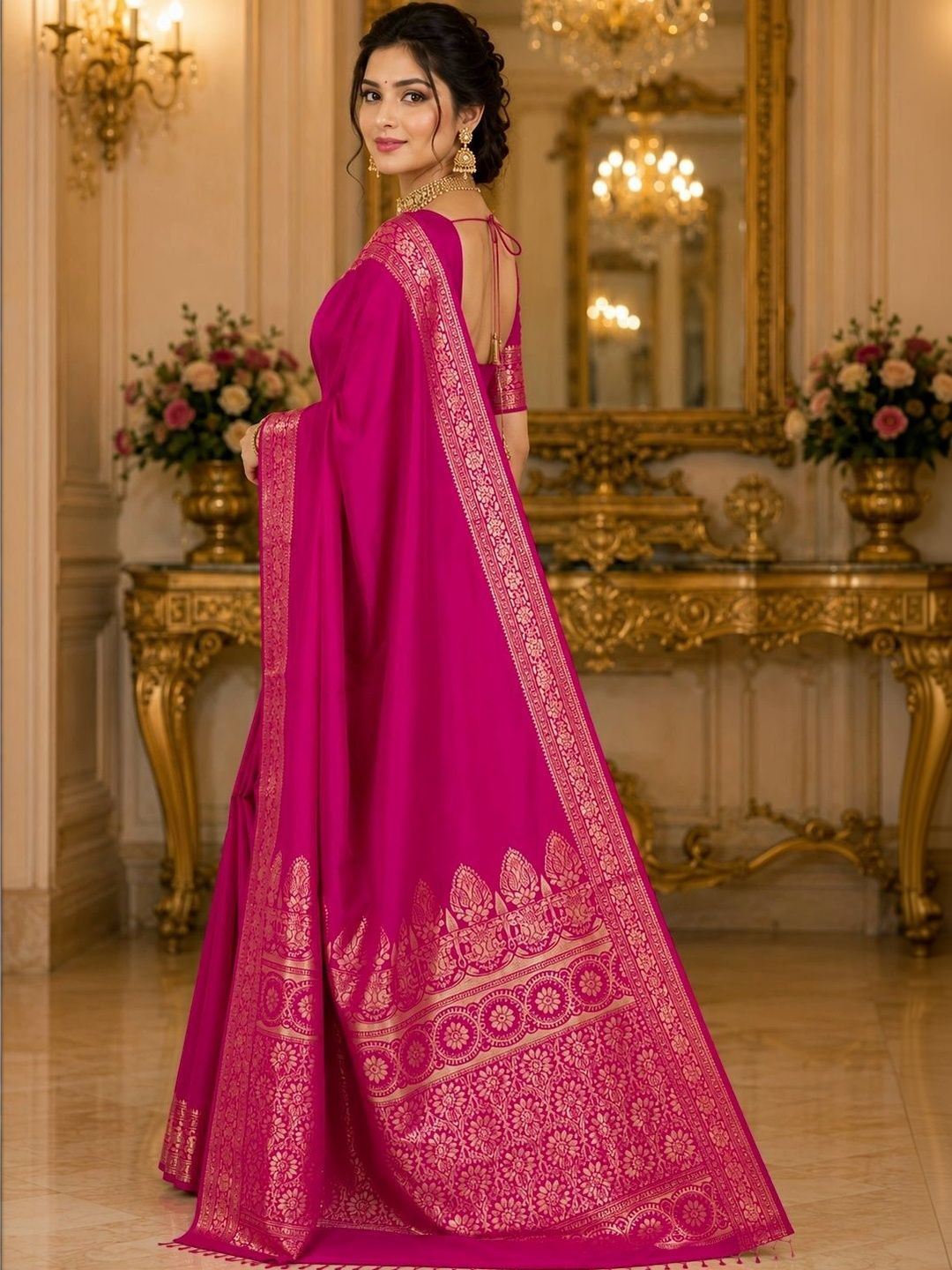 Prisan Women Rani Kumkum Woven Banarasi Soft Silk Saree with Unstitched Blouse