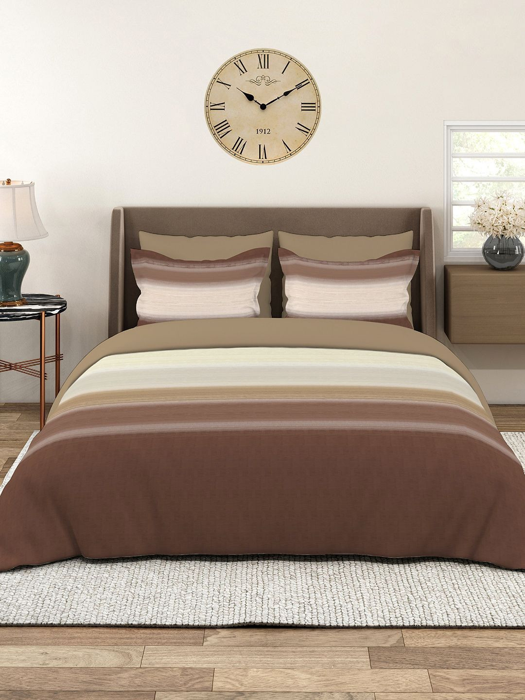Layers Brown & Beige Striped 220 TC King Bedsheet with 2 Pillow Covers 2.74 m x 2.74 m