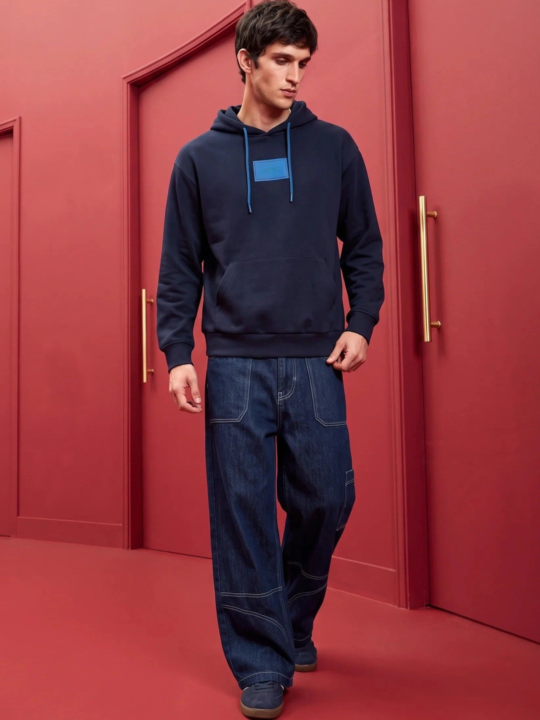 RARE RABBIT Mens Blue Plain Baggy Fit Mid Rise Casual Jeans