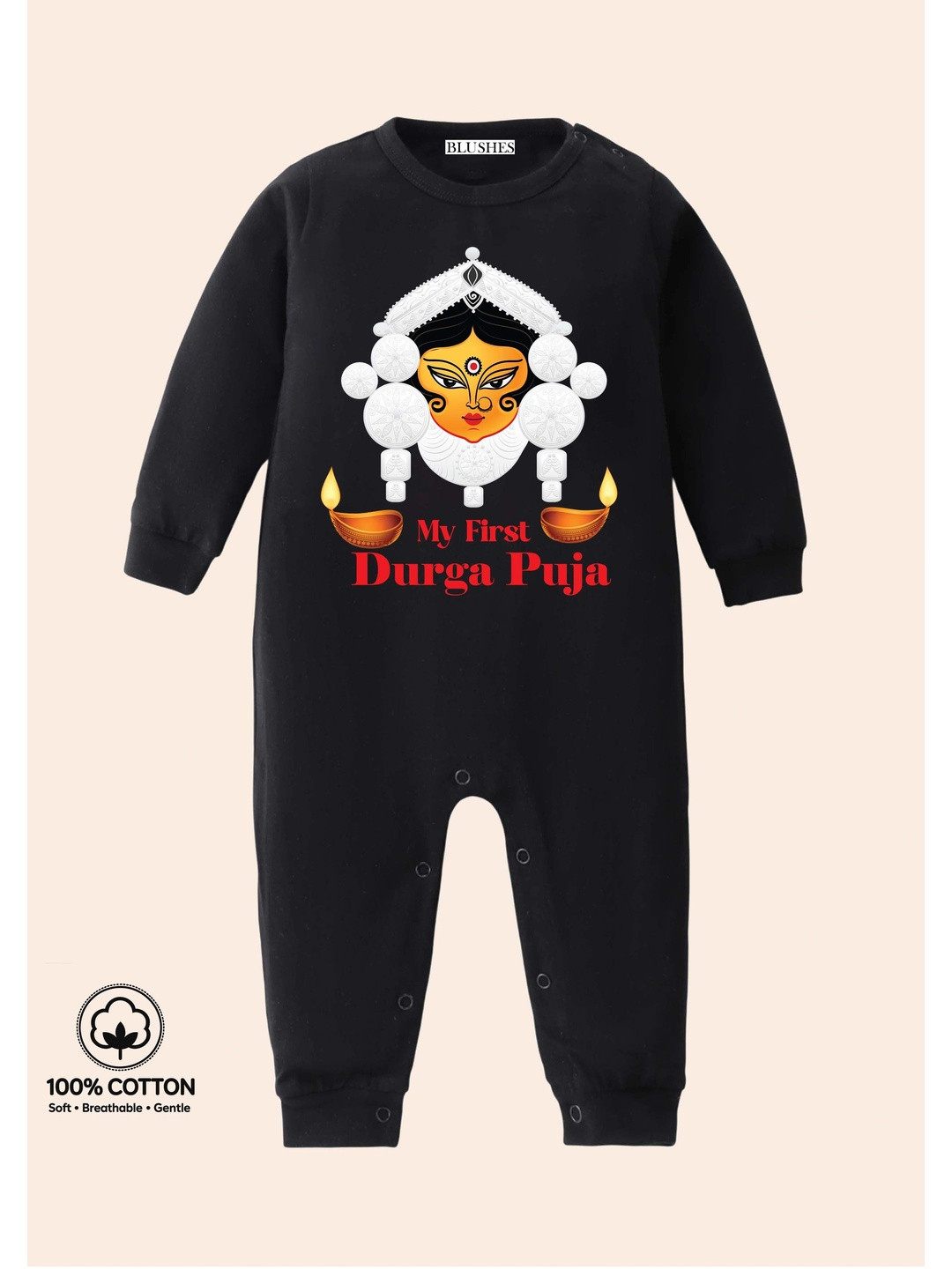 BLUSHES Infants My First Durga Puja Text Printed Pure Cotton Romper