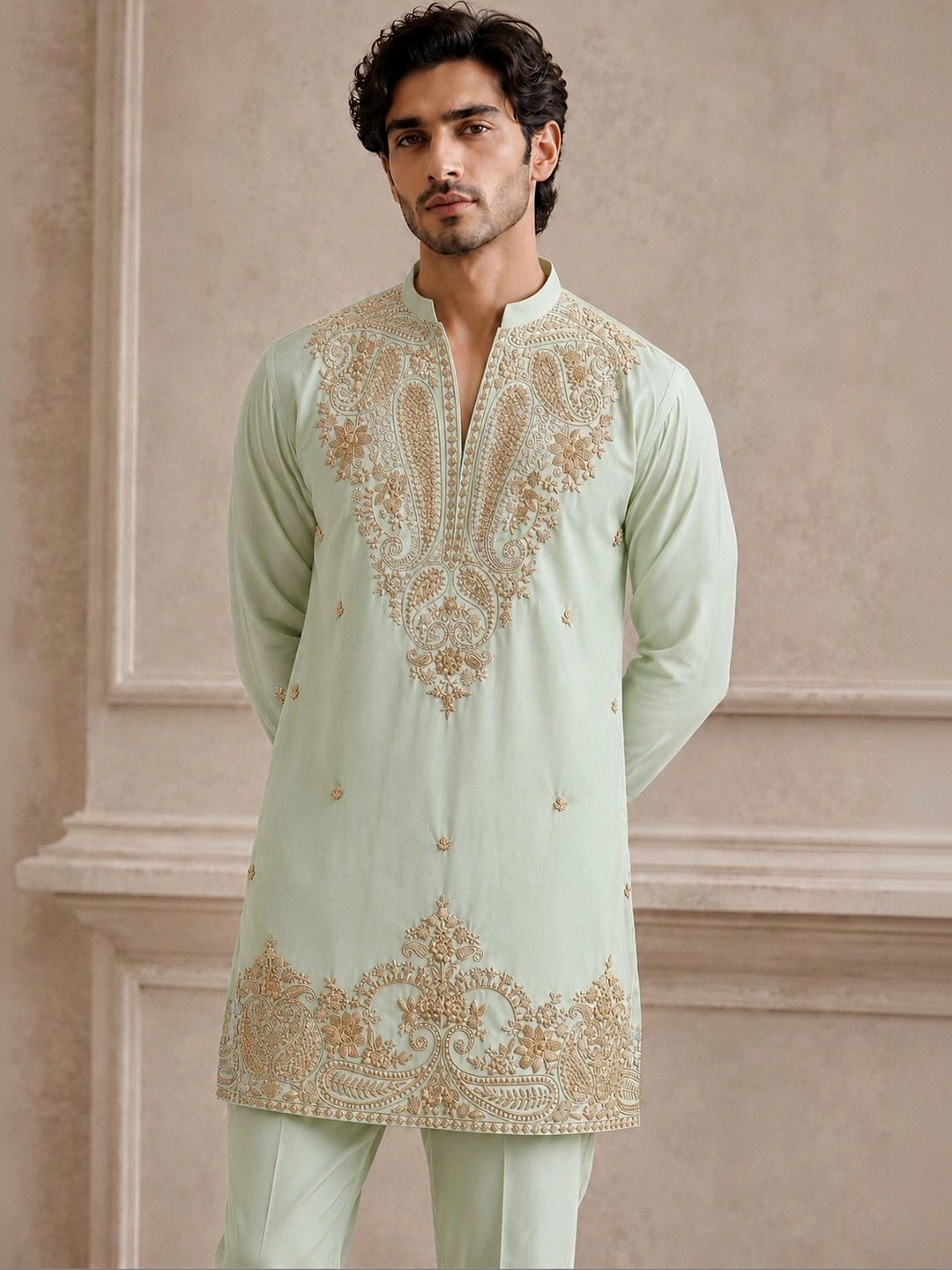 House of Pataudi Men Ethnic Motifs Embroidered Regular Thread Work Kurta with Trousers