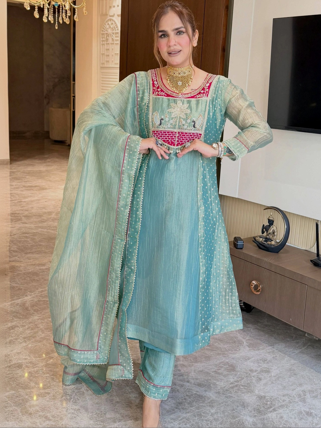 Apolyte Women Floral Embroidered Regular Pure Silk Kurta with Trousers & Dupatta