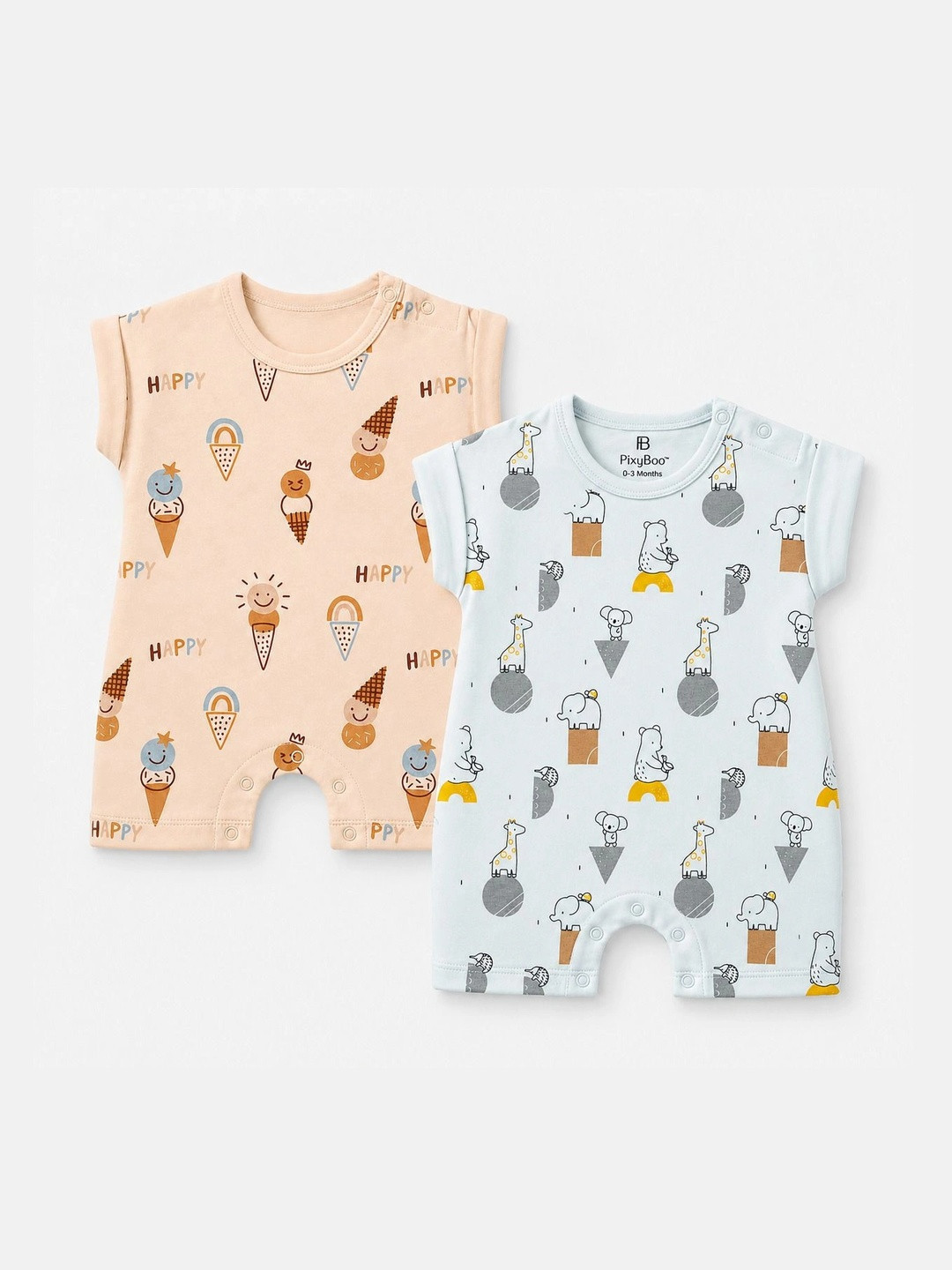 PixyBoo Infants Pack Of 2 Printed Pure Cotton Rompers