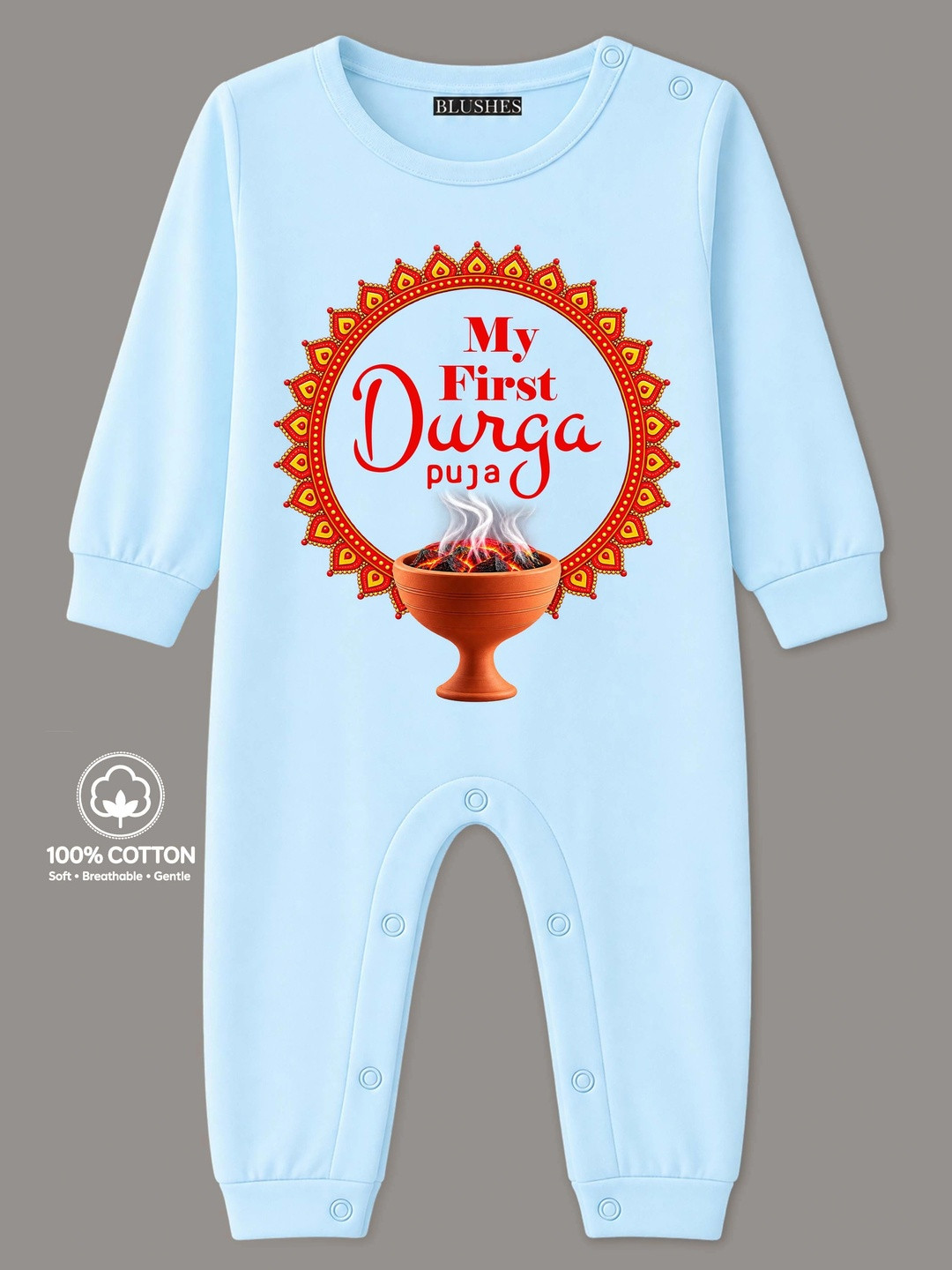 BLUSHES Infants My First Durga Puja Text Printed Pure Cotton Romper
