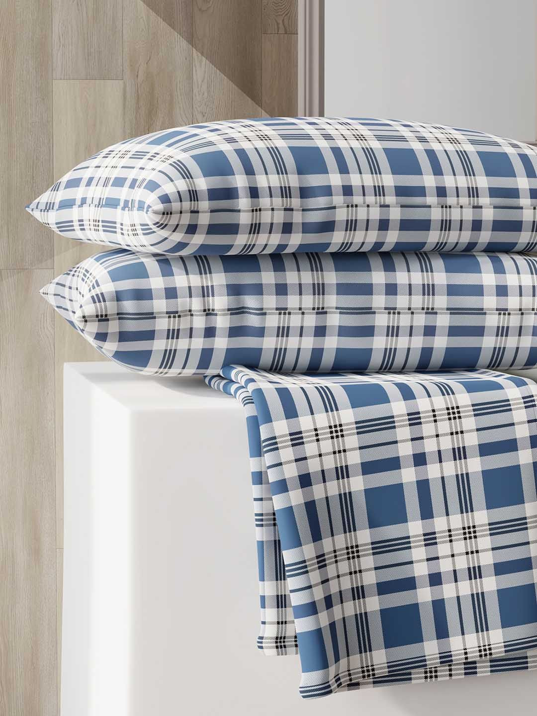 Layers Zen Blue & White Checkered 225 TC Double Bedsheet with 2 Pillow Covers