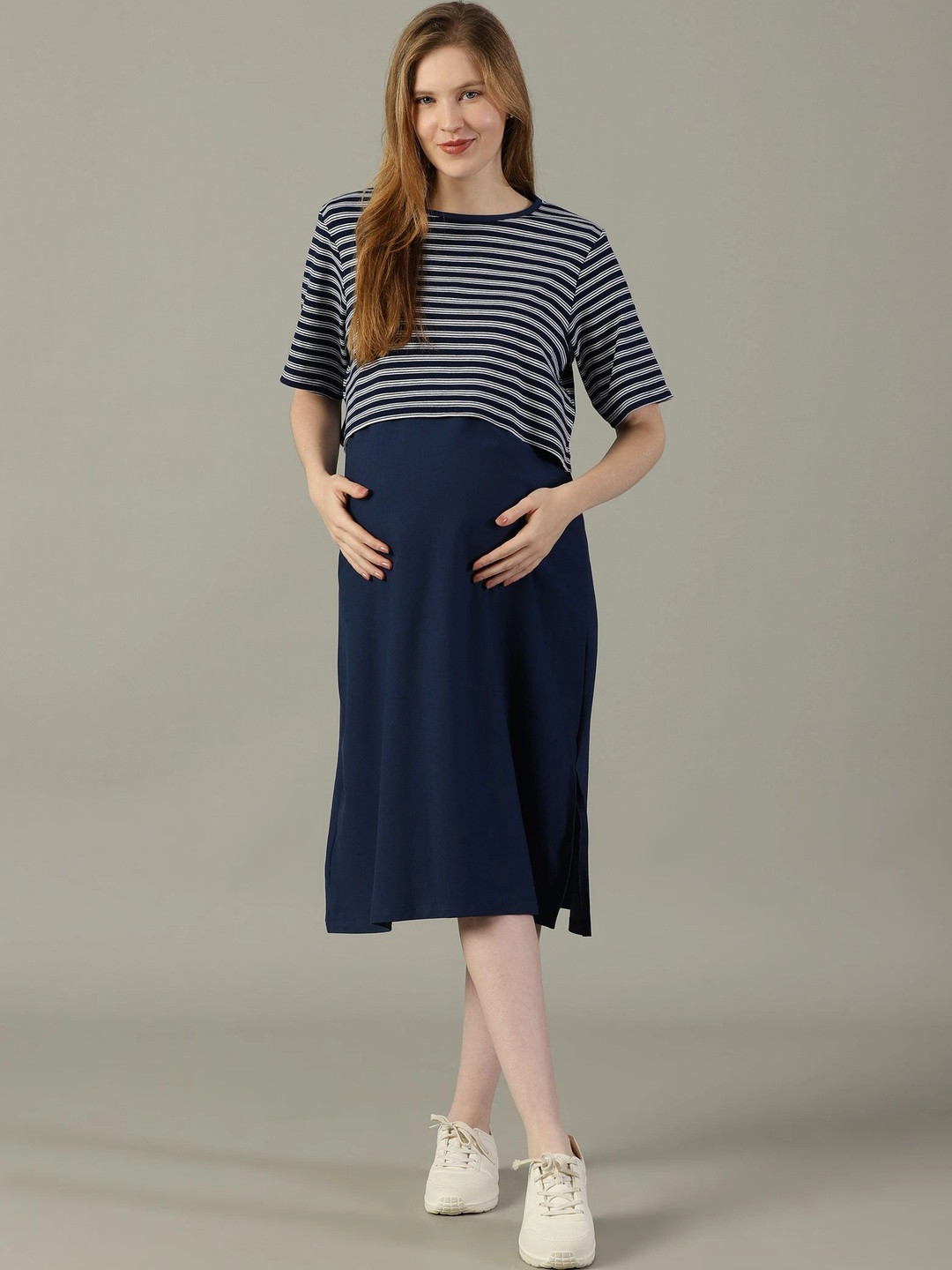 PURPLE FLAUNT Striped Maternity A-Line Dress