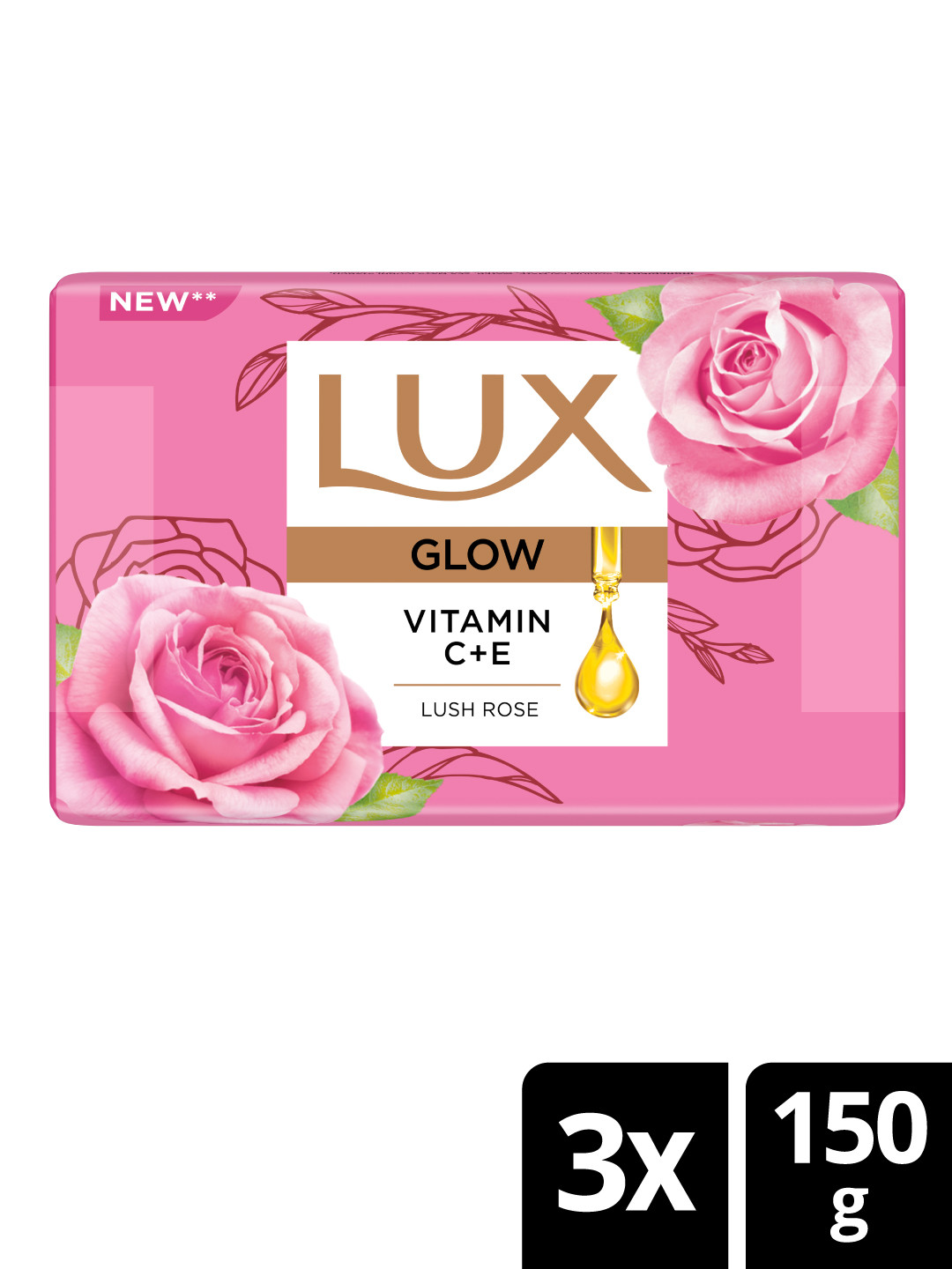 LUX Advanced Set of 3 Rose Radiant Glow Bathing Soap with Vitamin C & E - 150 g each